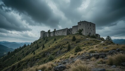 Fototapeta premium Dramatic Ruins of Ancient Castle Surrounded by Overcast Skies