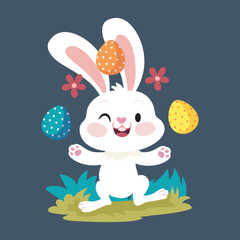 white rabbit playing egg in isolated flat vector design