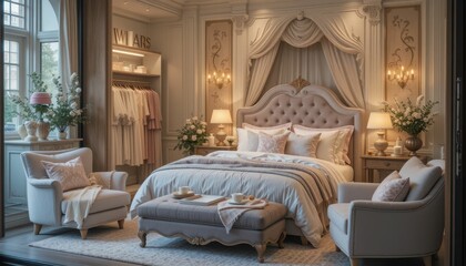 Elegant Bedroom Interior with Soft Lighting and Luxurious Decor