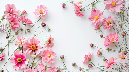 Naklejka premium Flowers composition with pink flowers on a white background. Flat lay with top view.