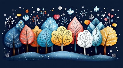 Enchanting winterscape vector illustration showcasing colorful trees and gentle snowfall creating a whimsical seasonal atmosphere