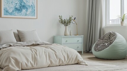 Generative AI, Minimalist Bedroom with Soft Textures and Pastel Accents