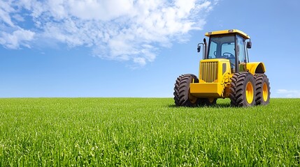 Obraz premium A bright yellow tractor is prominently displayed on a vibrant green field under a clear blue sky, reflecting the essence of rural agriculture.