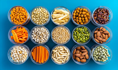 Colorful Variety of Healthy Snacks in Transparent Containers on Blue Surface