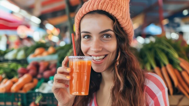 Celebrating world carrot day with woman, fresh carrot juice at a vibrant market