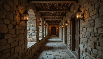 Fototapeta premium Serene Stone Corridor with Lanterns and Arched Windows at Dusk