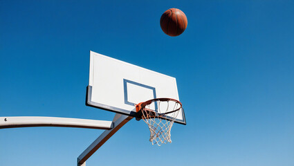 Basketball flying towards the hoop against a clear blue sky