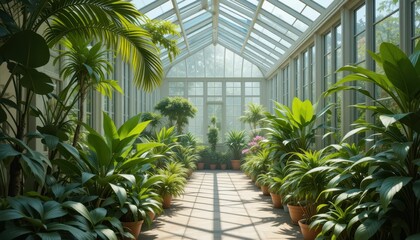 Tranquil Indoor Garden with Lush Green Plants and Sunlight