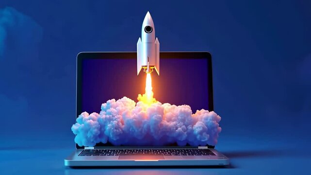 A rocket launching from a laptop screen, symbolizing innovation. Shot from a low angle, the video-style image blends digital and surreal elements.