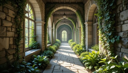 Fototapeta premium Serene Pathway with Lush Greenery and Architectural Arches