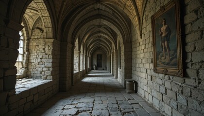 Fototapeta premium Serene Interior of an Ancient Stone Corridor with Arched Ceilings