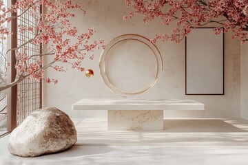 Minimalistic 3D render of a white table with a rock, a gold circular arch, a pink cherry blossom hanging from the ceiling, a floating golden ball, and a blank photo frame.