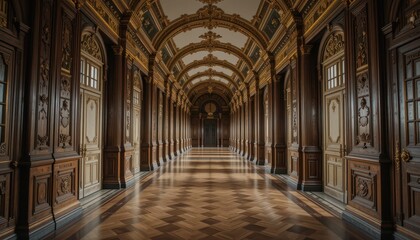 Fototapeta premium Elegant Long Hallway with Decorative Architecture and Wooden Details