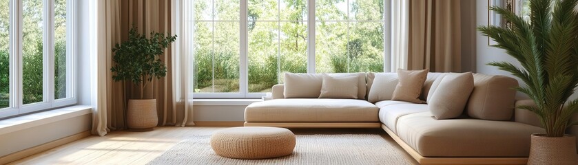 Cozy Scandinavian-style living room with neutral tones, wooden textures, and large windows, ideal for property listing photos