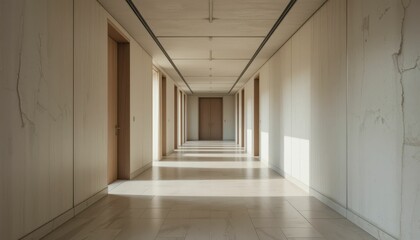 Modern Minimalist Corridor with Natural Light and Wooden Doors