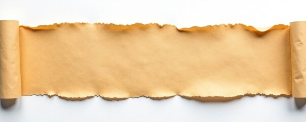 Fototapeta premium Torn brown paper stripe, textured white background , delicate, element, aged