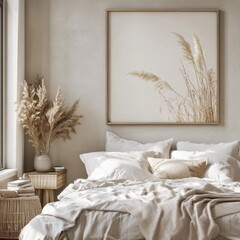 Beige Bedroom Decor with Pampas Grass Artwork