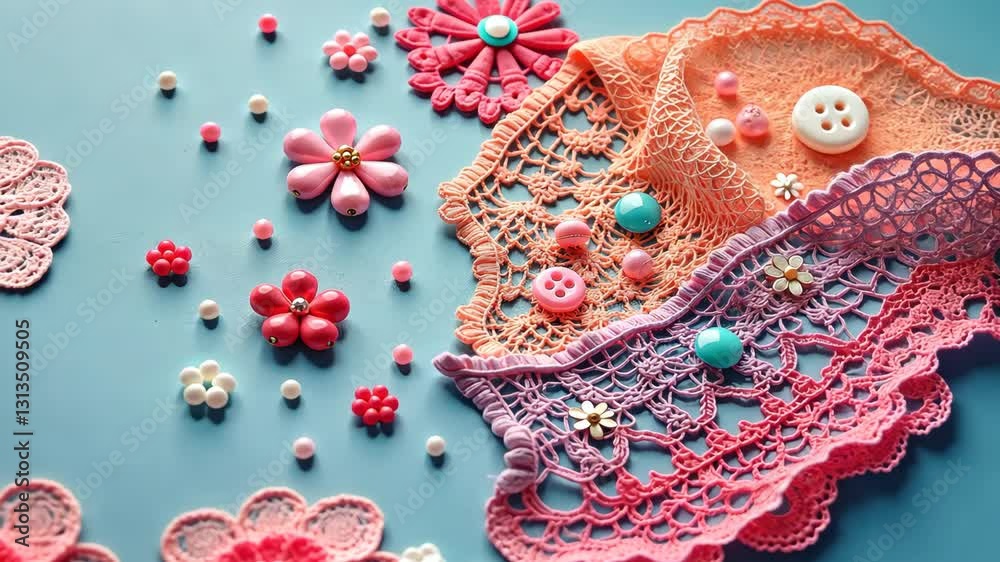 Poster a pink, orange, and blue piece of fabric with buttons and flowers on it. the buttons are in differen