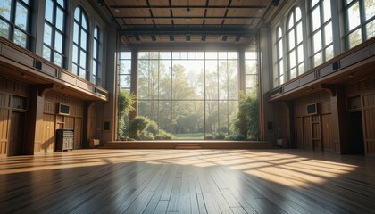 Serene Interior of a Spacious Hall with Natural Light and Wood Finish