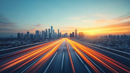 Obraz premium Metropolitan night cityscape with vibrant light trails showcasing urban transportation at dawn and modern metropolis architecture