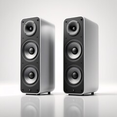 Fototapeta premium Black audio speakers isolated on a white background, representing music, sound, and stereo equipment