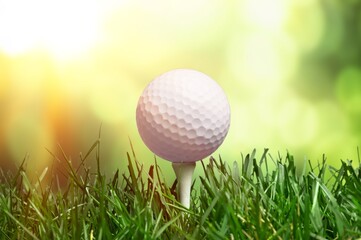 Golf clubs and white balls on green lawn