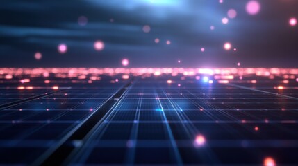 A solar energy farm with thousands of panels stretching to the horizon