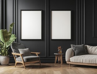 Black framed art, lounge room, empty posters, modern design