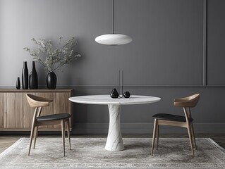 Modern dining room interior with marble table and wooden chairs