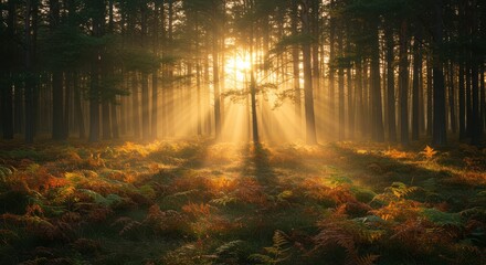 Obraz premium Sunlight Shining Through Trees in Forest with Ferns on Ground
