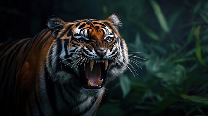 Fototapeta premium Majestic tiger roaring in lush jungle surroundings