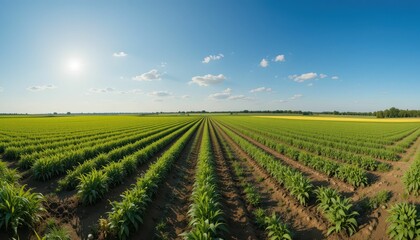 Lush Green Agricultural Fields under Clear Blue Sky at Sunset