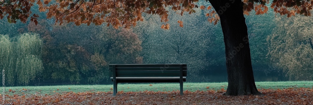 Aufkleber Solitary bench under a tree in a tranquil park during a soft autumn afternoon Generative AI