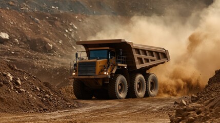 A massive dump truck carrying iron ore through a dusty mining