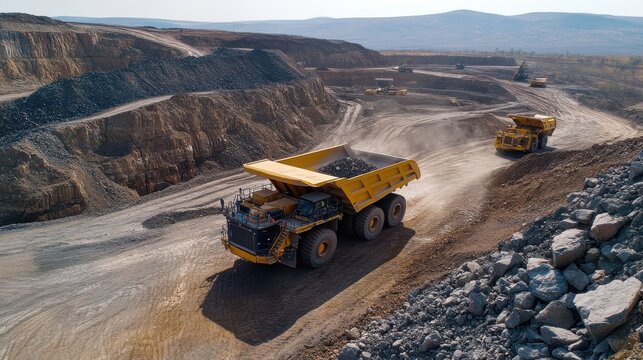 A large open-pit mining operation with massive dump trucks moving rocks