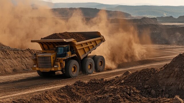 A massive dump truck carrying iron ore through a dusty mining