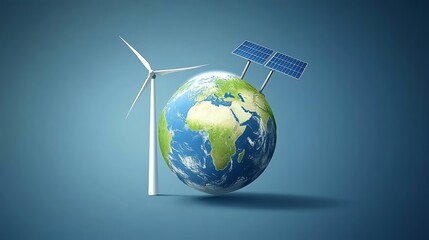 Fototapeta premium A globe with a wind turbine and solar panels symbolizes renewable energy and sustainability.