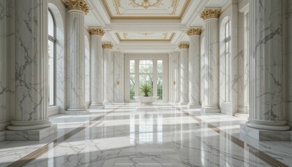 Fototapeta premium Elegant Marble Interior with Tall Columns and Abundant Natural Light