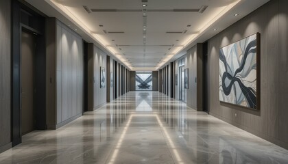Fototapeta premium Modern hallway with sleek design and vibrant artwork displays