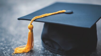 A black graduation cap with a golden tassel, symbolizing academic achievement and celebration.