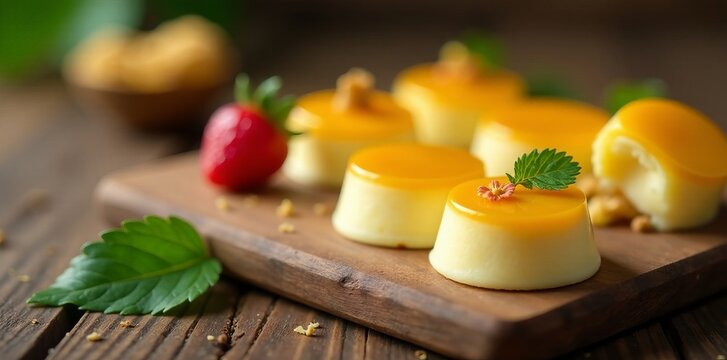 Miniature models of Thai coconut custard sweets on wooden board, wooden board, Thai cuisine