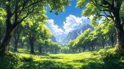Obraz premium A vibrant forest landscape with mountains under bright sunlight