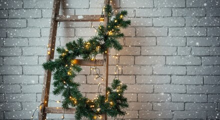 Rustic Ladder Decorated with Christmas Garland and Festive Lights on Snowy Backdrop