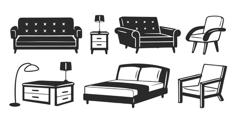Modern Furniture Set – Black & White Sketch Illustration of Home Interiors