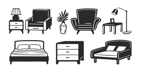 Modern Furniture Set – Black & White Sketch Illustration of Home Interiors