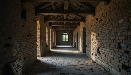 Abandoned Corridor with Arched Windows and Natural Light Effects