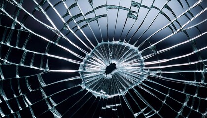 Fototapeta premium Close-up of a shattered glass surface with a radial crack pattern. The broken glass creates a dramatic abstract design, symbolizing destruction, fragility, danger, accidents, or vandalism. 