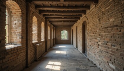 Serene Corridor with Arched Windows in Historic Brick Building