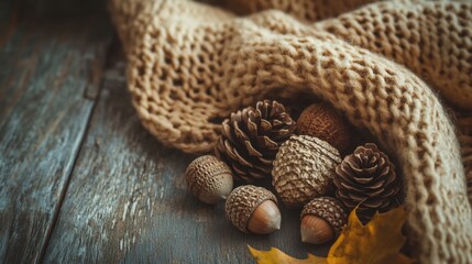 Fototapeta premium Cozy autumn setting with textured fabric drape, acorns, and pinecones arranged on a wooden surface, natural elegance