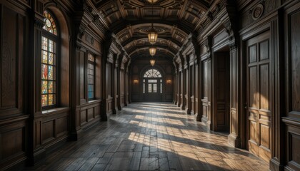 Elegant wooden hallway with ornate architecture and stained glass